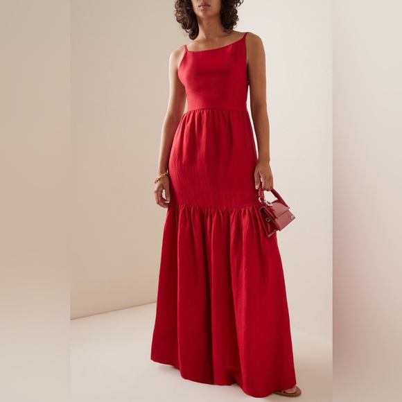 Posse the Label Elise Tiered Linen-Blend Maxi Dress Red Vacation Resort  Summer